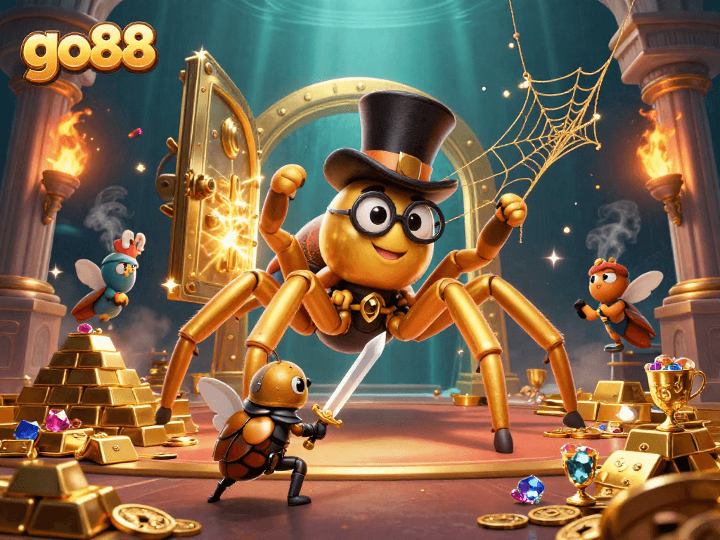 Join the action at go88 with a vibrant 3D illustration of a golden tarantula in a casino scene.