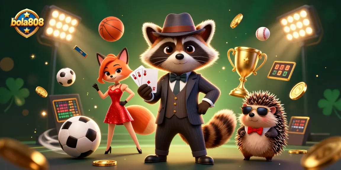 Bet on bola808 with a handsome raccoon and stylish fox in an exciting online betting scene.