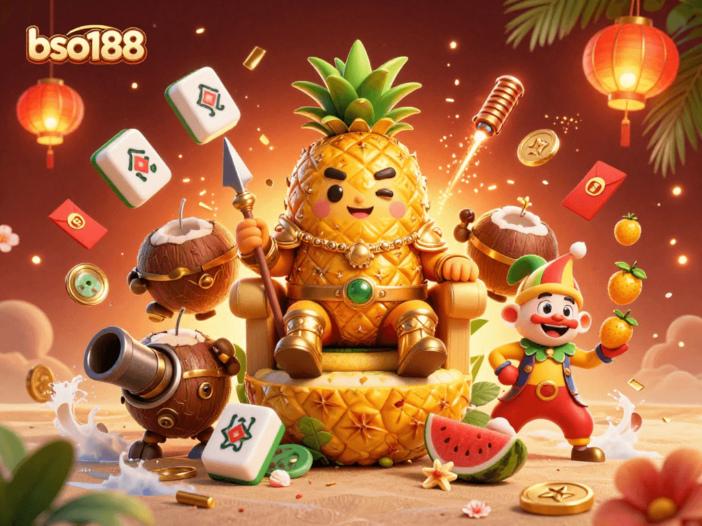 bso188 captivates players in vibrant 3D casino scene filled with lucky symbols and festive elements.