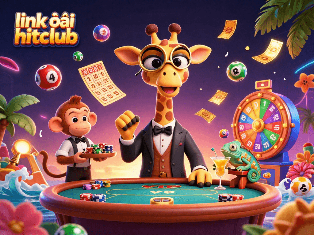 Experience the excitement of link vào hitclub as a high-roller giraffe plays at a VIP table with vibrant casino elements.