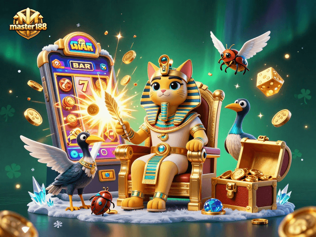Experience the thrill of master188 with a vibrant, animated casino scene filled with slot machines and lucky symbols.