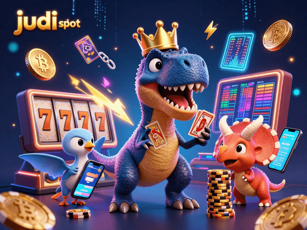 Menangkan judi slot dengan ilustrasi dinosaur yang mengasyikkan sambil bermain kartu dan menumpuk chip emas.