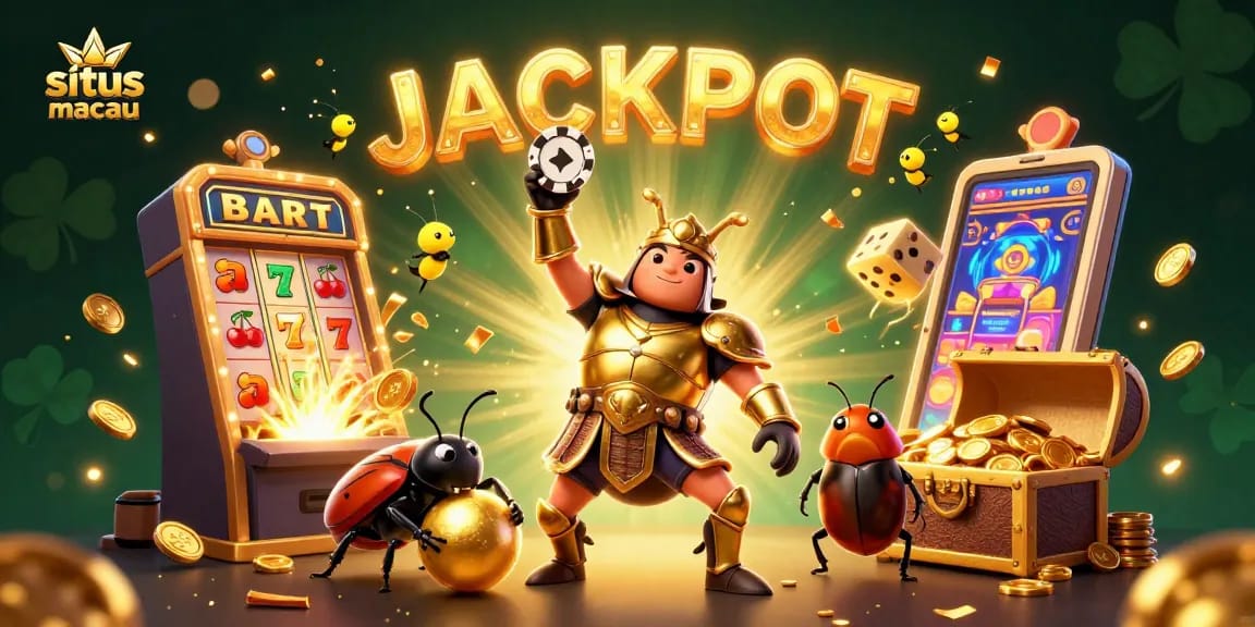 Engage in thrilling gaming at situs macau with a lively 3D illustration showcasing gambling excitement and victory.