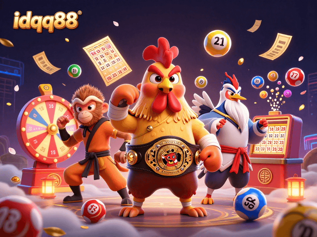 Experience winning with idqq88 in this vibrant 3D casino illustration showcasing dynamic game elements.