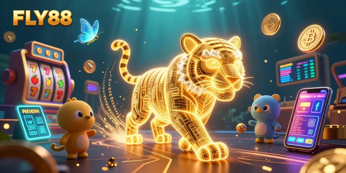 Engage in thrilling gameplay at FLY88 with neon-lit symbols and vibrant digital elements.